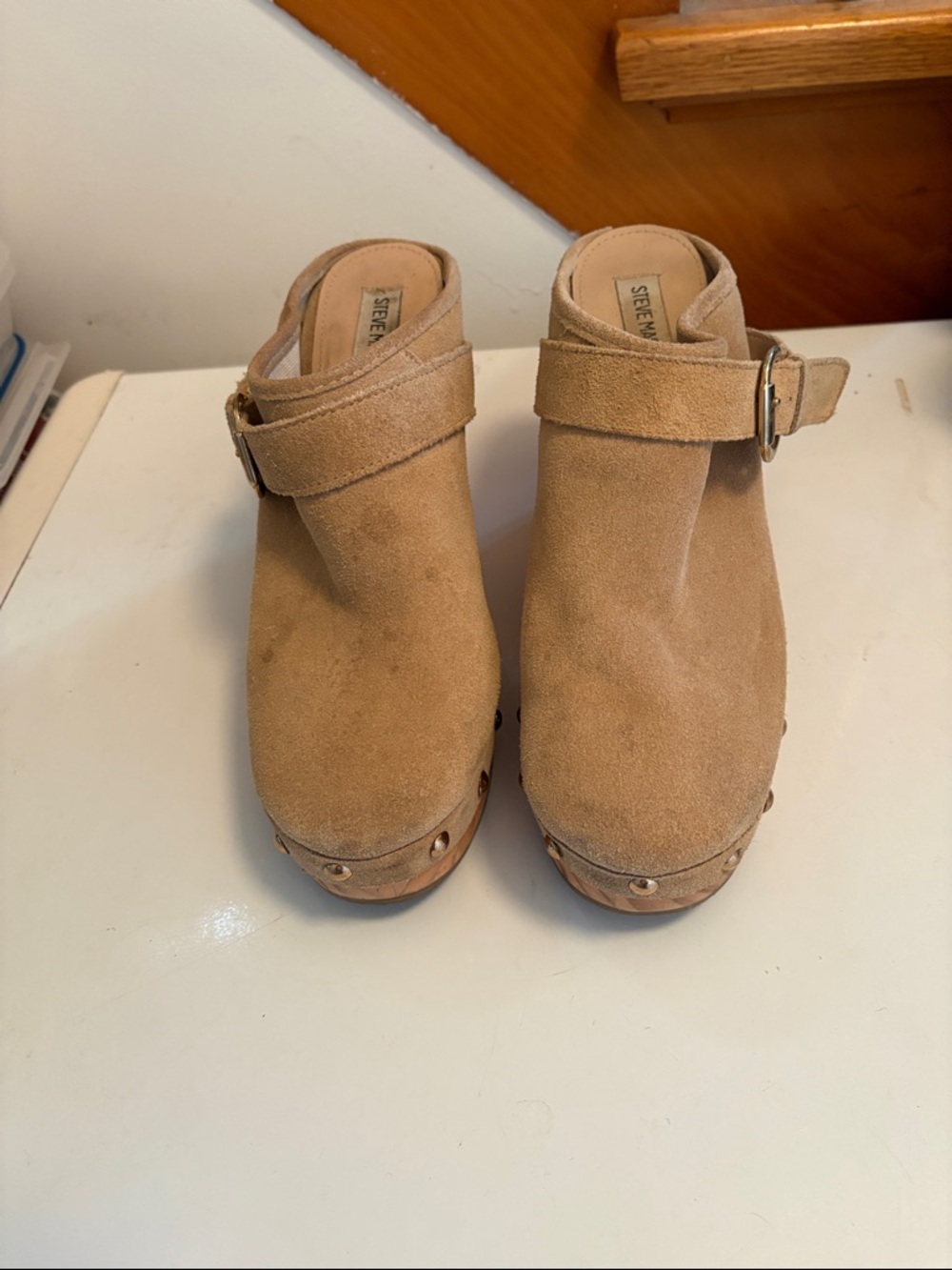 Steve Madden Tan Suede Clog Mules with Studded Platform